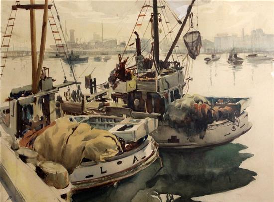 Paul Julian Hull (American 1914-1985) Fishing boats in Los Angeles harbour 18 x 24.5in.